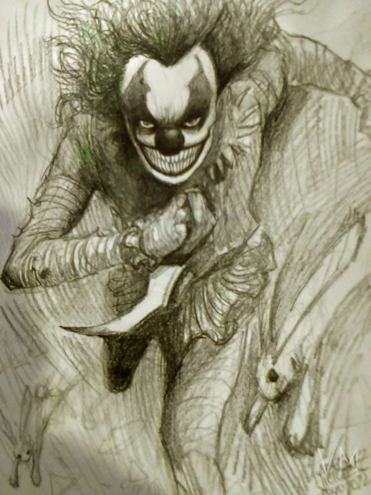 El Joker corriendo enloquecido con un cuchillo, sonrisa maniaca y cabello salvaje.