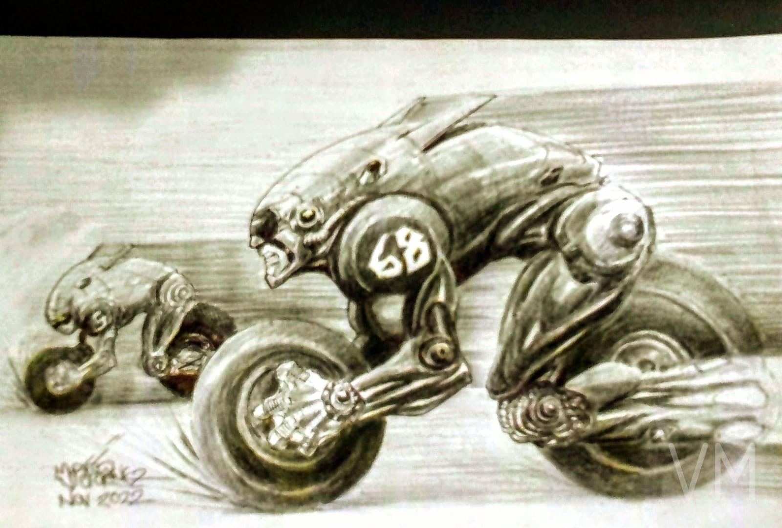 Motociclistas alienígenas en carreras futuristas a alta velocidad, número 68.