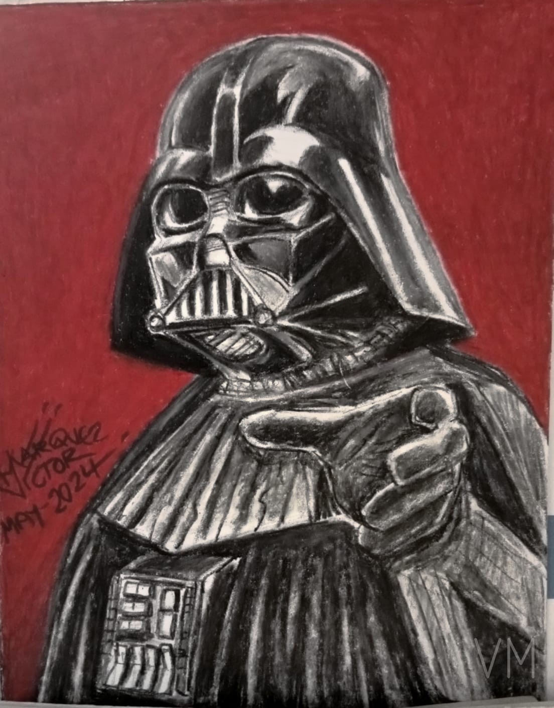 Darth Vader señalando al espectador sobre fondo rojo intenso. Estilo propaganda imperial.