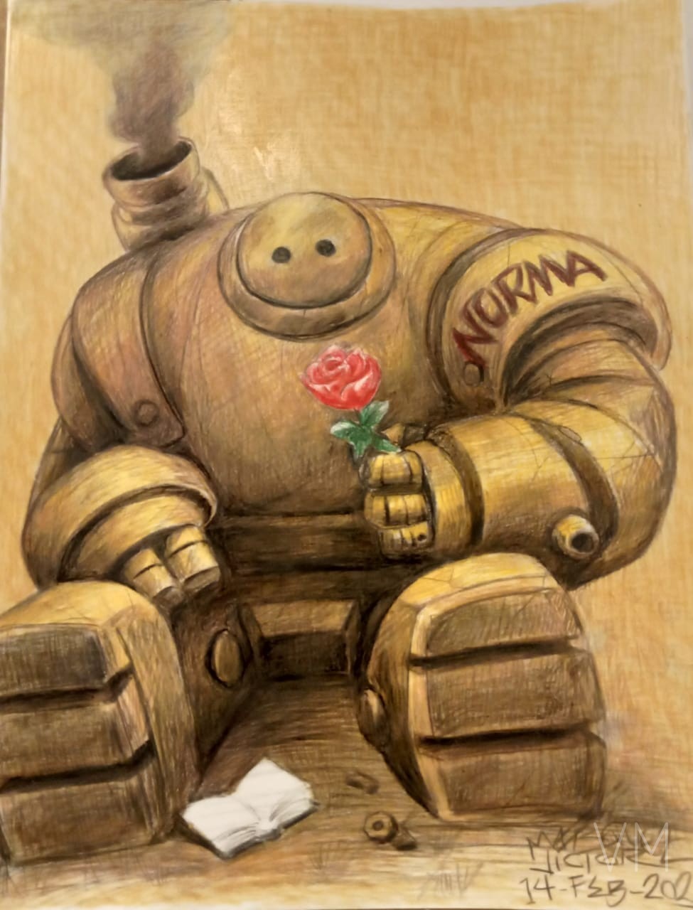 Robot dorado con una rosa roja y el nombre NORMA. Versión compacta del homenaje de San Valentín.