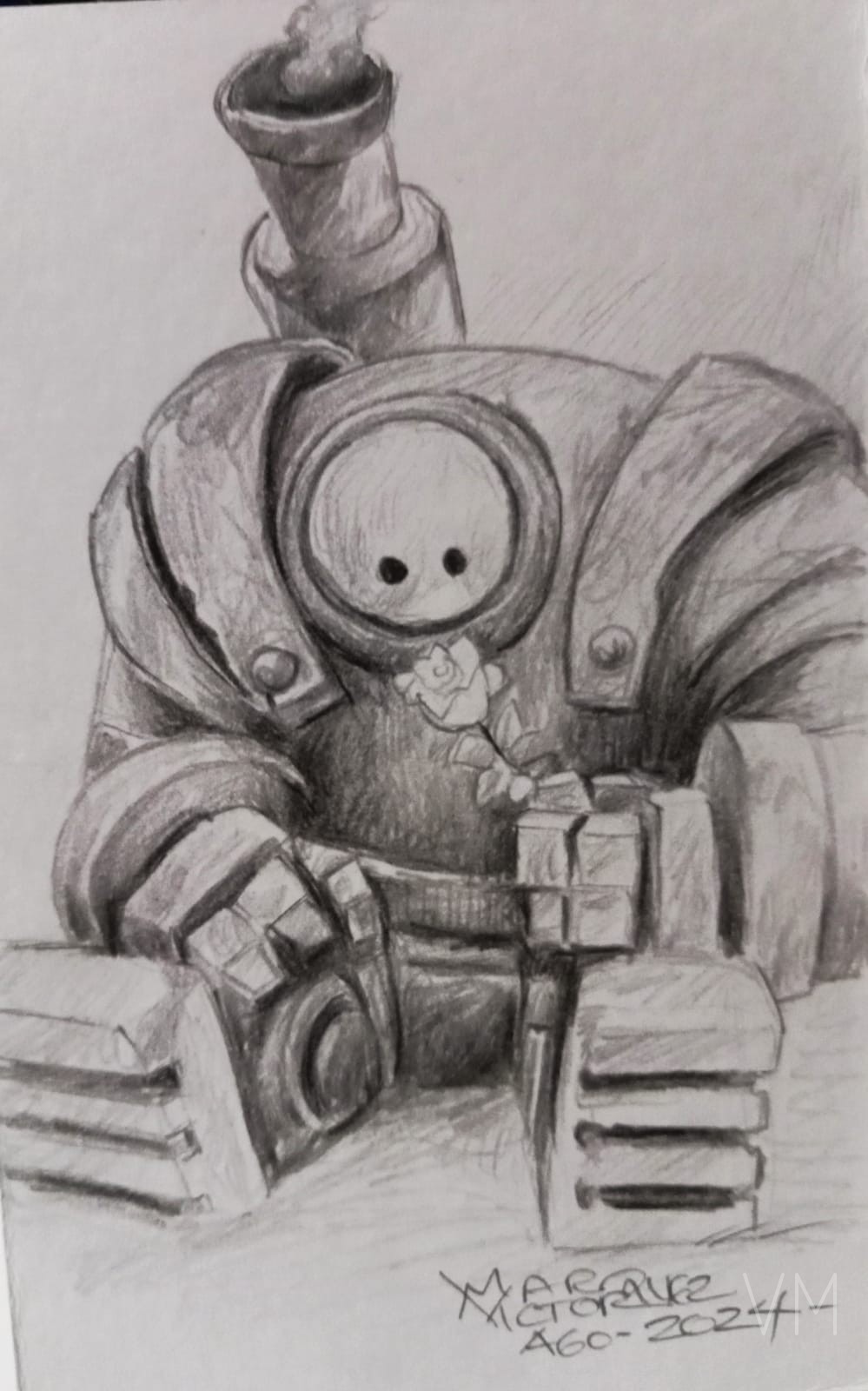 Robot mecánico gigante sentado con chimenea humeante, estilo steampunk.