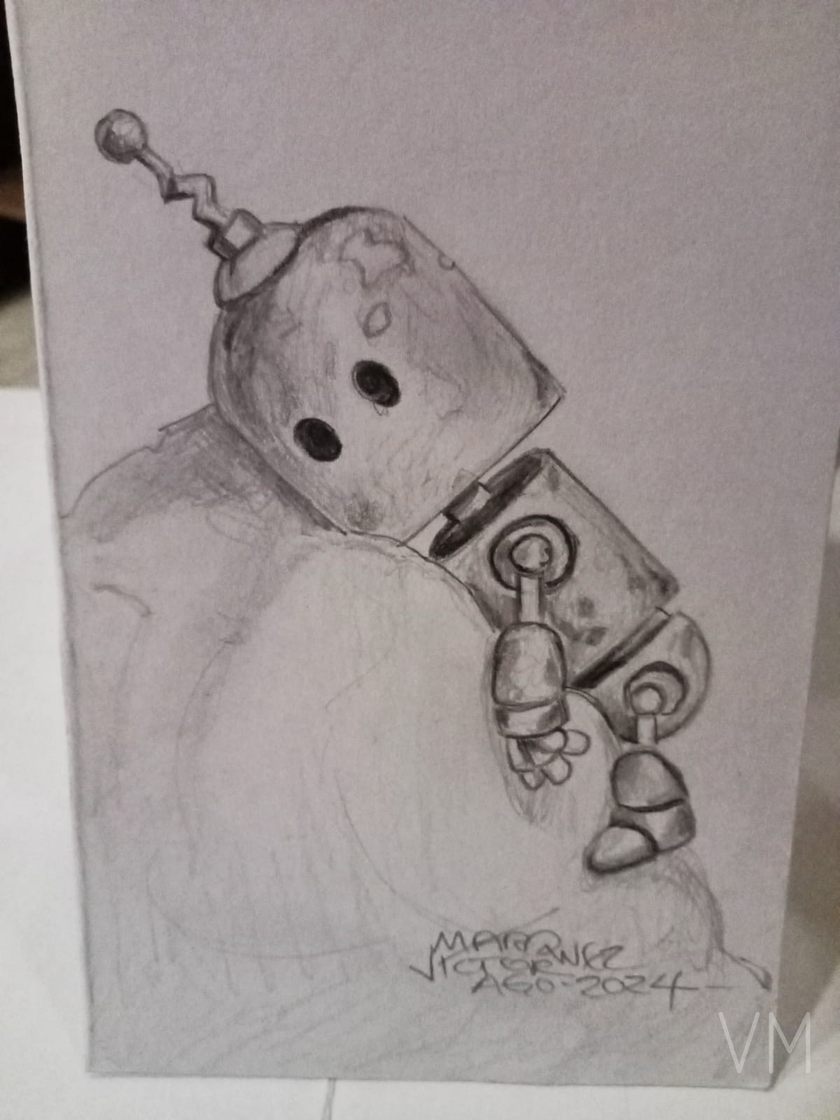 Robot asomándose entre las nubes con expresión curiosa y tierna.