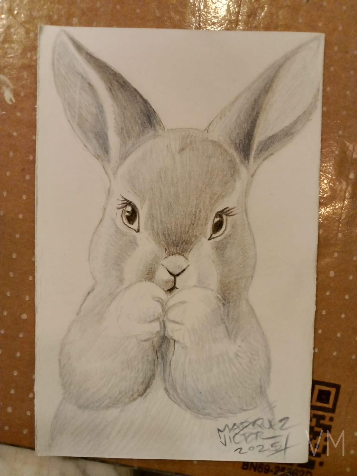 Conejito tierno con las patitas juntas en pose tímida e inocente.