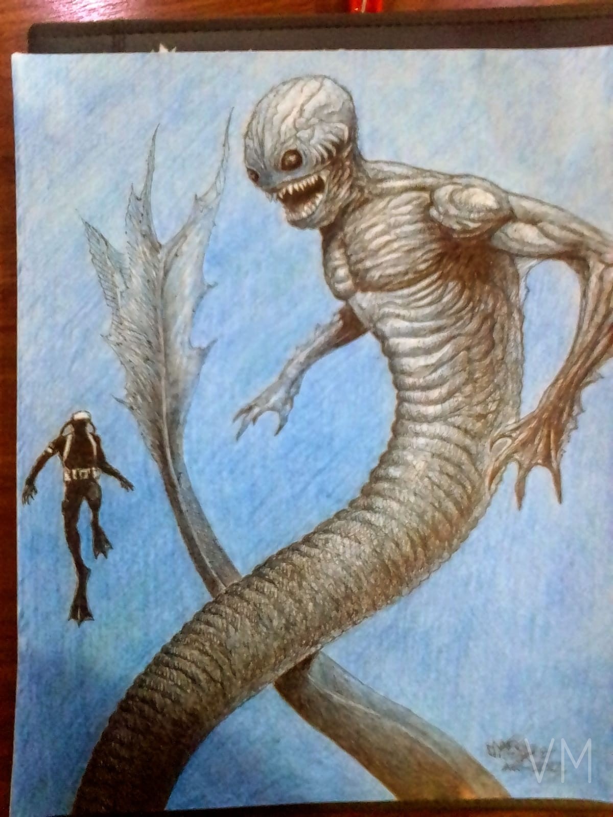 Terrorífica criatura marina tipo sirena con buzo diminuto para escala. Pesadilla del océano profundo.