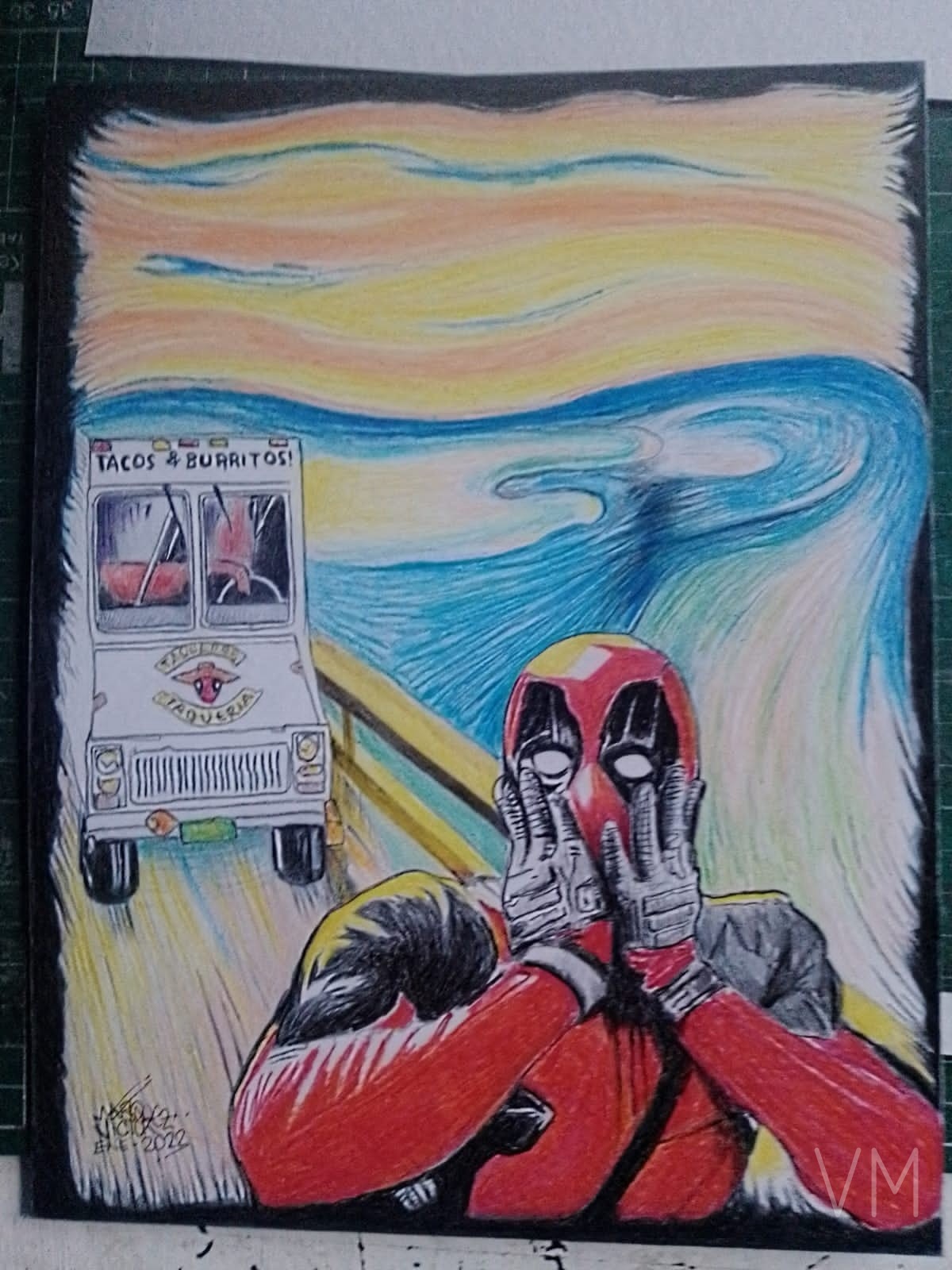 Deadpool recreando El Grito de Munch frente a un carrito de tacos y burritos. Arte pop mexicano.