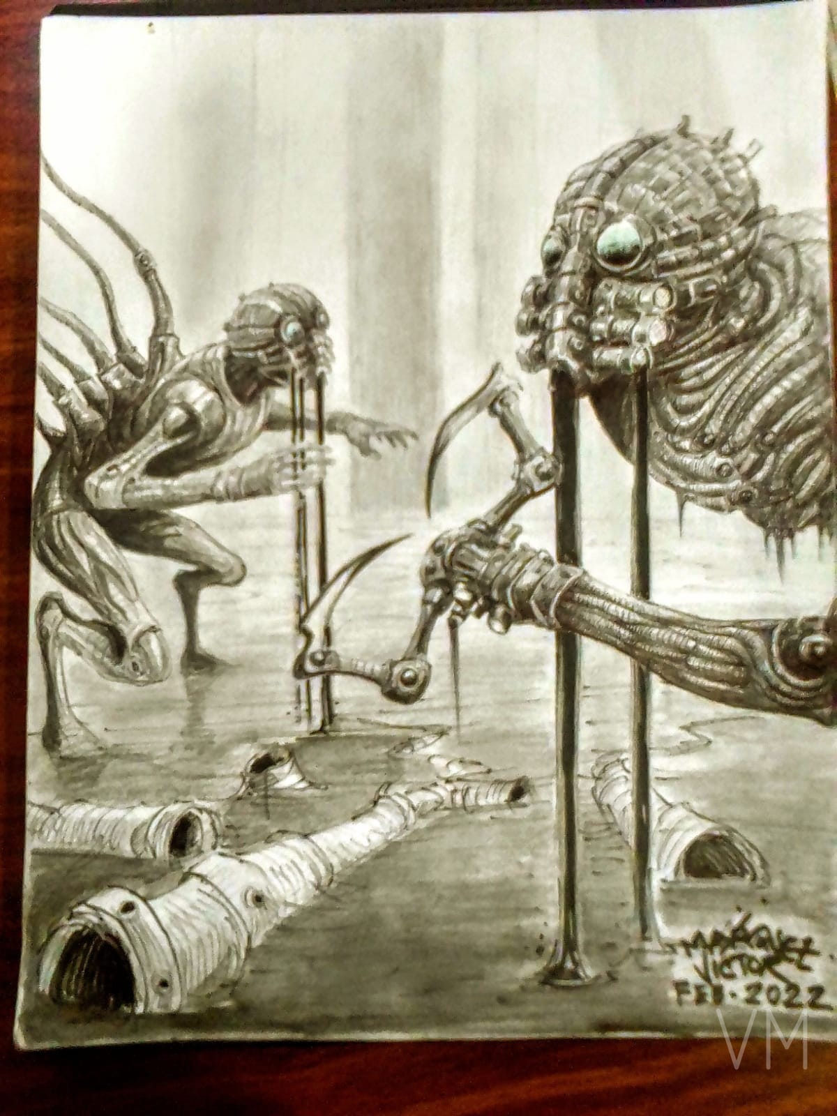 Dos criaturas alienígenas biomecánicas en un entorno industrial oscuro.