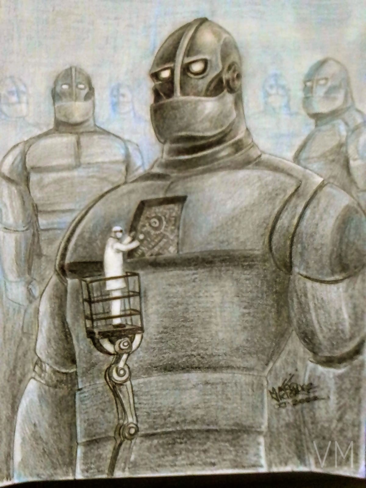 Ejército de robots gigantes estilo Iron Giant, imponentes y protectores.